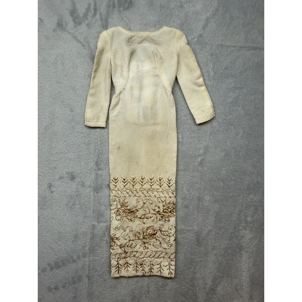Vintage Barbie Midge 1967 Formal Occasion White‎ Gold Crepe Dress Fashion #1697